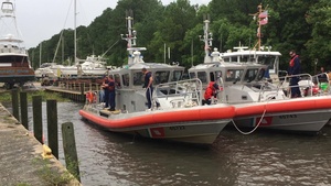 Crewmembers from Coast Guard Stations Charleston and Georgetown secure 45-foot response boats