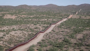 Aerial video b-roll of existing bollard wall near Sasabe, AZ.