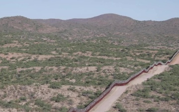 Aerial video b-roll of existing bollard wall near Sasabe, AZ.