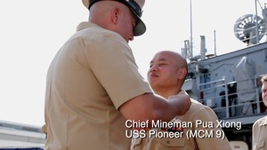 Mineman Chief Petty Officer Pua Xiong aboard Avenger-class mine countermeasures ship USS Pioneer (MCM 9) becomes a Chief Petty Officer during the Mine Countermeasures Squadron 7 Chief Petty Officer Pinning Ceremony, 2019.