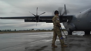 U.S. Air Force C-130J Super Hercules flies over to Selah Creek Airfield