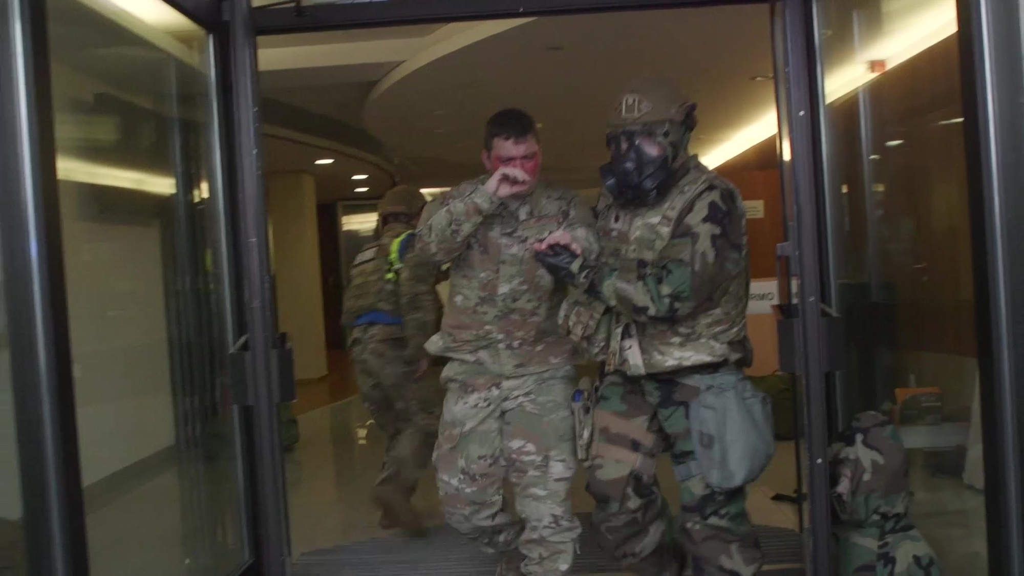 :00-:53= Barrier Plan (fork lift)<br />:53-1:32= Deployment Line<br />1:32-2:05= Tent City Build<br />2:05-4:41= VRS Fire (smokey footage)<br />4:41-5:18= Power to Tent City (cable dogs)<br />5:18-6-28= SF SABC from Gate Runner (U.S. & German police)<br />6:28-9:06= HQ Chemical Attack (SF search for attacker, evacuate building, fire set up decon)<br />9:06-10:59= Patient Care (mass casualty, decon tent, MOPP 2 chaplin)<br />10:59-11:59= MOPP 4 (outside, in hallway)<br />11:59-14:16= Ground Attack (SF, blanks, OP 4, fight in chem gear, SABC)<br />14:16-16:33= Active Shooter (NO SHOOTERS, high school, blanks, first responders, SF SABC, evacute building)