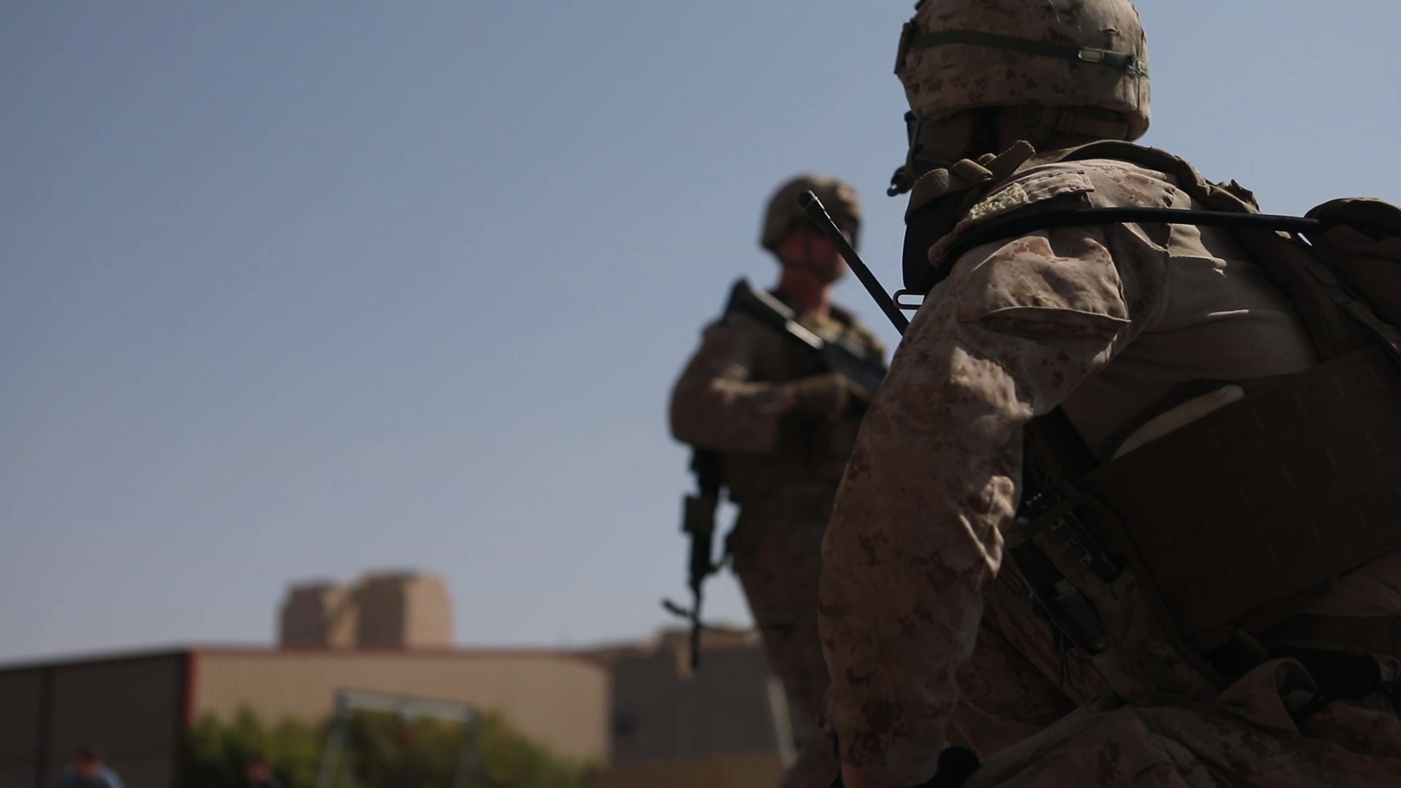 U.S. Marines with Special Purpose Marine Air-Ground Task Force-Crisis Response-Central Command, participate in a simulated air raid as part of the Middle East Amphibious Commanders Symposium, Sept. 23, 2019. The SPMAGTF-CR-CC is a multiple force provider designed to employ ground, logistics, and air capabilities throughout the Central Command area of responsibility. (U.S. Marine Corps video by Lance Cpl. Sahara Luna)