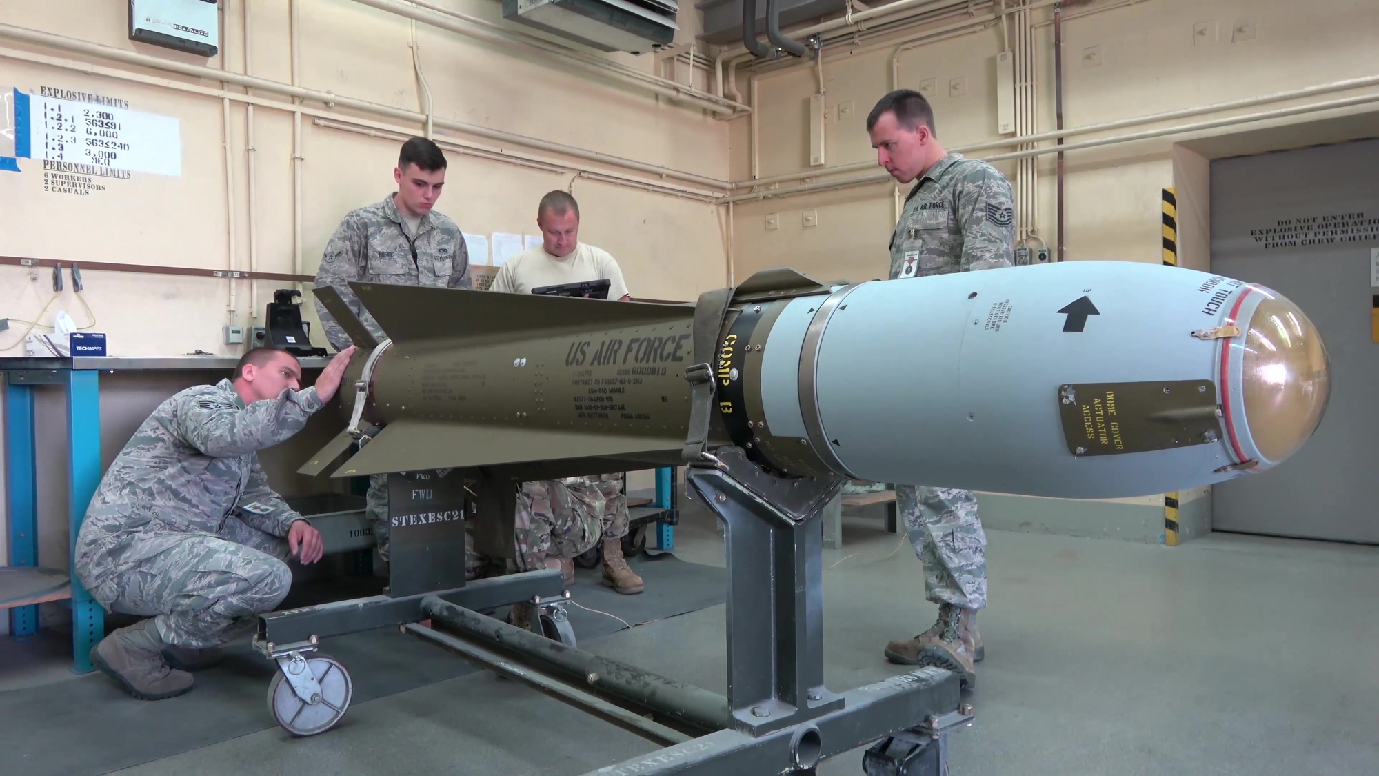 Munitions Airmen from the 132d Logistics Readiness Squadron inspect an AGM-65 Maverick missile September 17, 2019, at Spangdahlem Air Base, Germany.