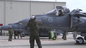 B-roll of U.S. Marines AV-8B Harriers preparing for takeoff during Exercise Banzai Badlands