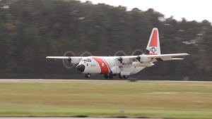 Coast Guard HC-130J Hercules aircraft lands after experiencing mechanical issues in Elizabeth City, North Carolina