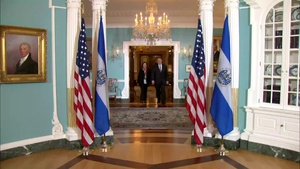 Secretary of State Michael R. Pompeo camera spray with El Salvadoran Foreign Minister Alexandra Hill, at the Department of State