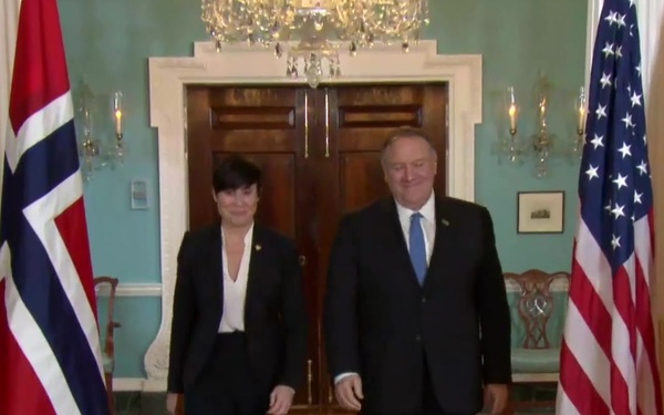 Secretary Of State Pompeo Camera Spray with Norwegian Foreign Minister Ine Marie Eriksen Søreide