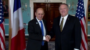 Secretary of State Pompeo Camera Spray with French Foreign Minister Jean-Yves Le Drian