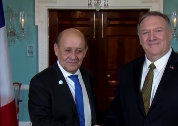 Secretary of State Pompeo Camera Spray with French Foreign Minister Jean-Yves Le Drian