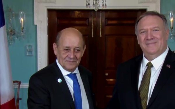 Secretary of State Pompeo Camera Spray with French Foreign Minister Jean-Yves Le Drian