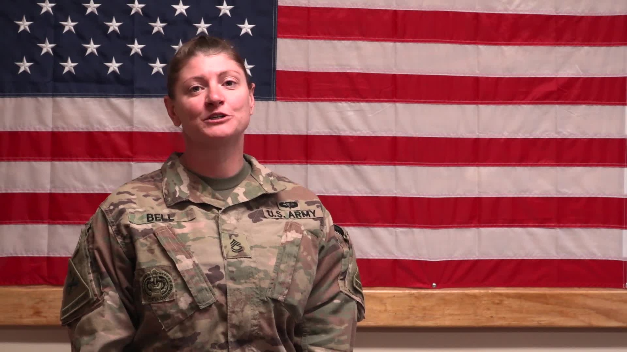 U.S. Army Sgt. 1st Class Kristen R. Bell, a native of Muskogee, Oklahoma, assigned to U.S. Army Civil Affairs and Psychological Operations Command (Airborne), based out of Fort Bragg, N.C., sends a holiday shout out to family and friends while deployed in Afghanistan supporting the Headquarters and Headquarters Battalion, 1st Armored Division. Elements of the 1st Armored Division are currently deployed in support of Operations FREEDOM&#39;S SENTINEL and RESOLUTE SUPPORT. (US Army video by Sgt. Nicholas Brown-Bell)