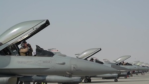 F-16 Fighting Falcons leave from Al Udeid Air Base