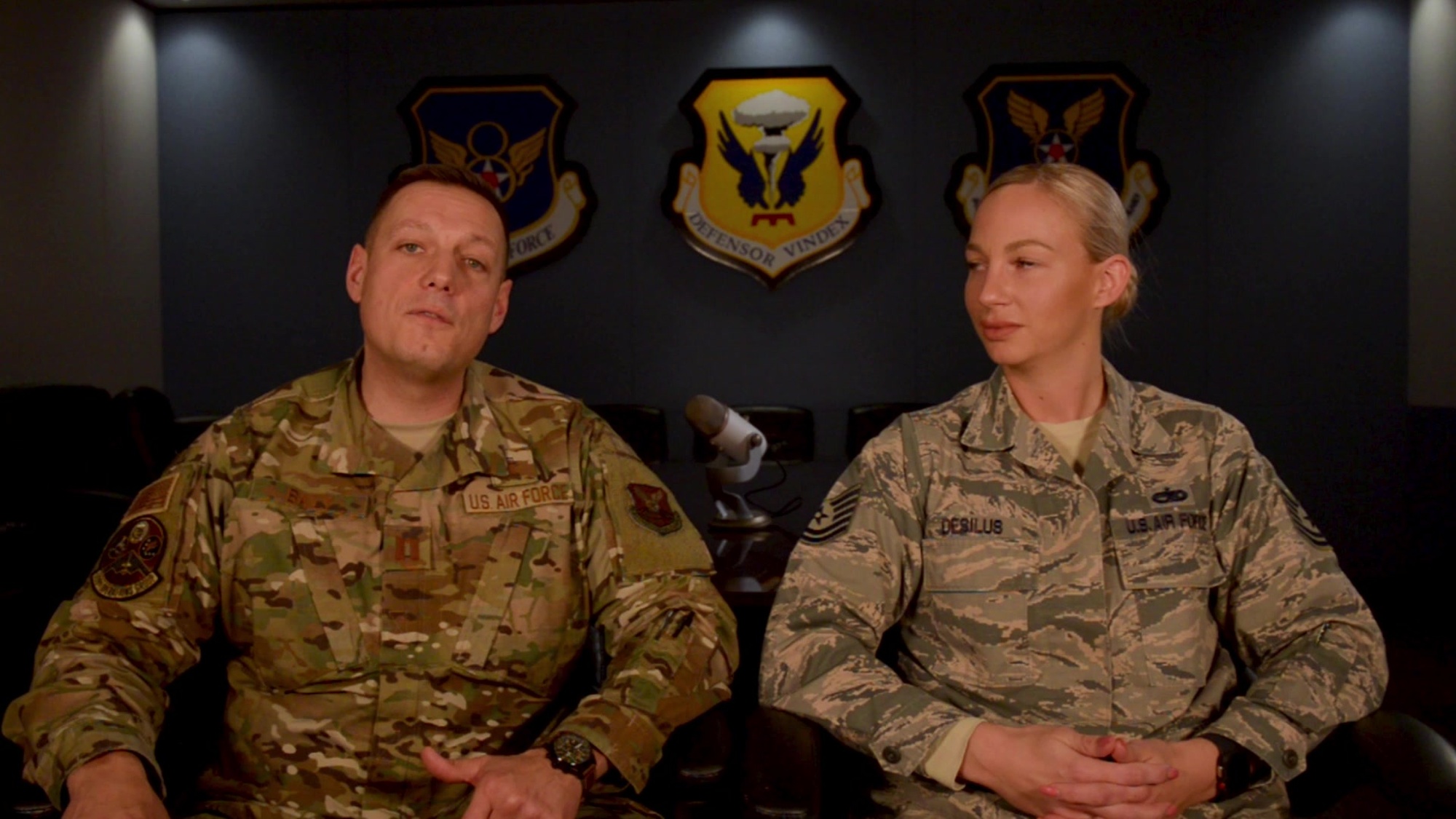 Chaplain Capt. Graham Baily and Tech. Sgt. Kimberly Desilus, assigned to Whiteman Air Force Base, Missouri, announce the local podcast Practicing the Pillars. The podcast features individuals from across Whiteman AFB, as well as distinguished visitors, who share their stories of strength and personal perseverance, in an effort to promote comprehensive Airman fitness.
