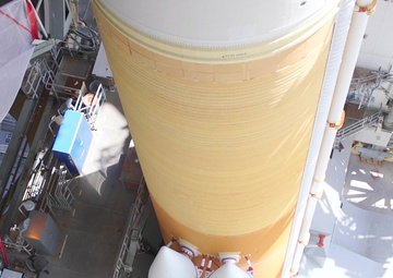B-Roll: Close-up view of Delta IV rocket from Mobile Service Tower (MST)