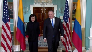 Secretary of State Michael R. Pompeo camera spray with Colombian Foreign Minister Claudia Blum, at the Department of State