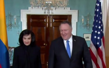 Secretary of State Michael R. Pompeo camera spray with Colombian Foreign Minister Claudia Blum, at the Department of State