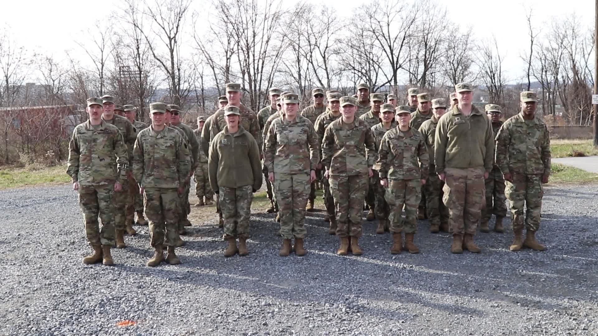28th Infantry Division solders give a happy holiday shout out during formation in Harrisburg, Pa - Harrisburg Military Post.