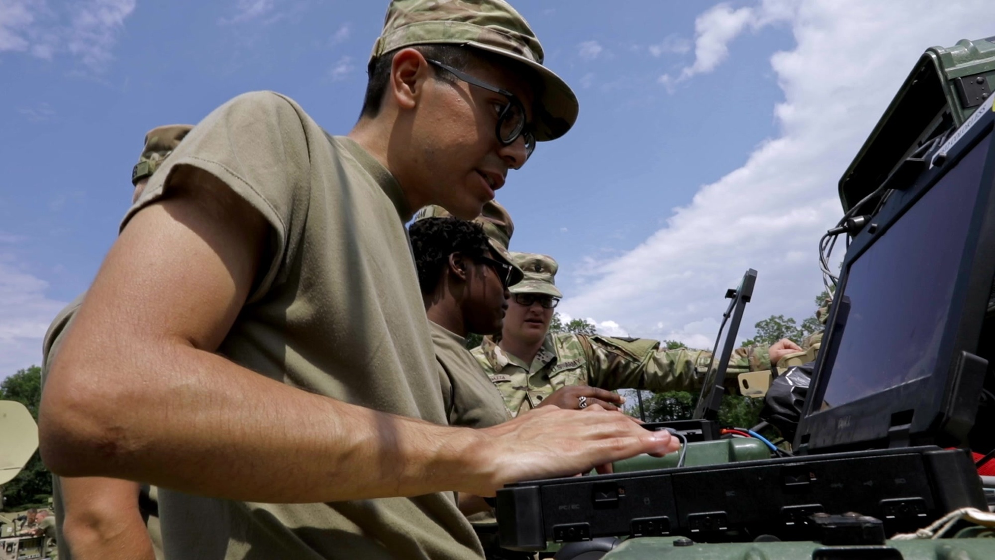 A U.S. Army Reserve Soldier with the 392nd Expeditionary Signal Battalion types on a keyboard during Communications Exercise held at Fort Dix, New Jersey, Sept. 23, 2019.