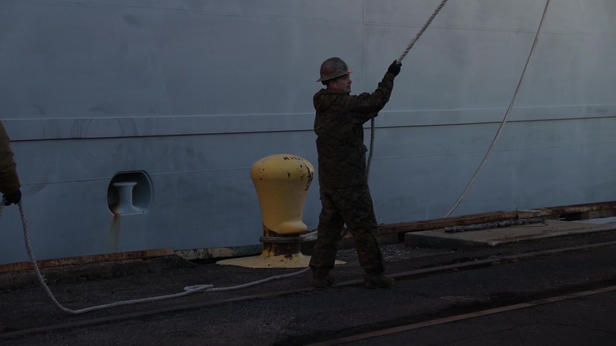 Marines load equipment aboard the aviation logistics support ship (T-AVB3) S.S. Wright in support of exercise Carolina Patriot 2020 in Philadelphia, Pennsylvania, Jan. 22-23, 2020. The exercise ensures 2nd Marine Aircraft Wing’s proficiency and readiness in aviation logistics support operations. The Marines are assigned to 2nd Marine Aircraft Wing. (U.S. Marine Corps photo by Cpl. Cody Rowe)