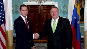 Secretary of State Michael R. Pompeo camera spray with Interim President of the Bolivarian Republic of Venezuela Juan Guaido