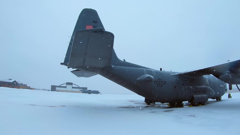 C-130 Hercules on Flight Line in Snow (Gimbal B-Roll)