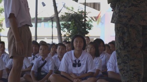 Cobra Gold 20: U.S. Marine Corps Col Cunningham and SgtMaj Carstens engage with students before pillar-raising ceremony *B-Roll*