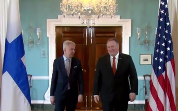 Secretary of State Pompeo Camera Spray with the Finnish Foreign Minister
