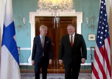 Secretary of State Pompeo Camera Spray with the Finnish Foreign Minister