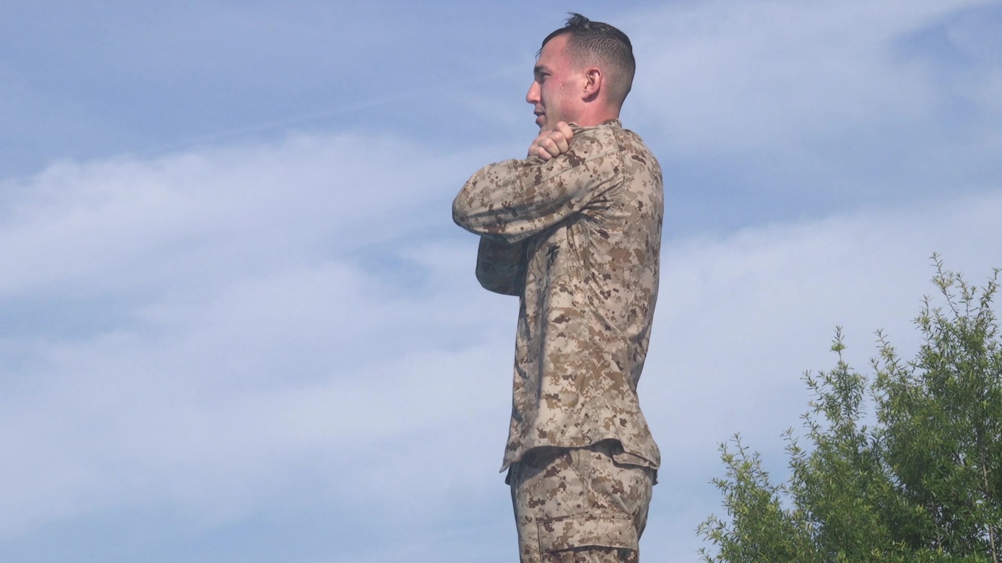 Given an aquatic environment with deep water, while wearing a combat uniform:
o	Enter from a platform using abandon ship technique – height 8-10’ above the water
o	Align toes at the edge of the platform and place hands on opposite shoulders performing a crisscross pattern.
o	Look up to ensure no other people is entering the water above you.
o	Look down to ensure that the landing area is clear.
o	Look straight ahead.
o	Step off taking a 30 inch step. During descend cross the legs
o	Stay in this position until descend in the water stops
o	Orient to the surface