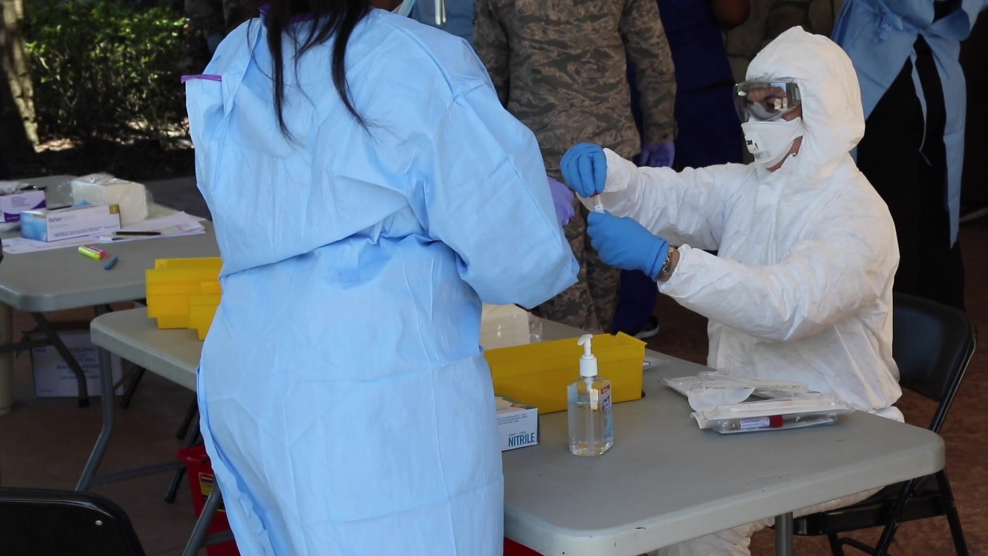 Florida National Guard’s 48th Civil Support Team works with nurses from the Federal Emergency Management Agency and the Florida Department of Health to perform COVID-19 testing at Clyde E. Lassen Veterans Nursing Home, April 21, 2020. The FLNG is going to nursing homes and assisted living facilities to test senior citizens, who are more vulnerable to the coronavirus.