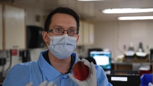 Hospital Corpsman 3rd Class Jeremy Parr discusses his responsibilities working in the microbiology lab aboard the hospital ship USNS Comfort (T-AH 20)