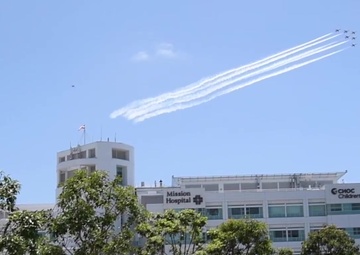 B-Roll: Thunderbirds honor first responders at Mission Hospital in Mission Viejo, California with a flyover