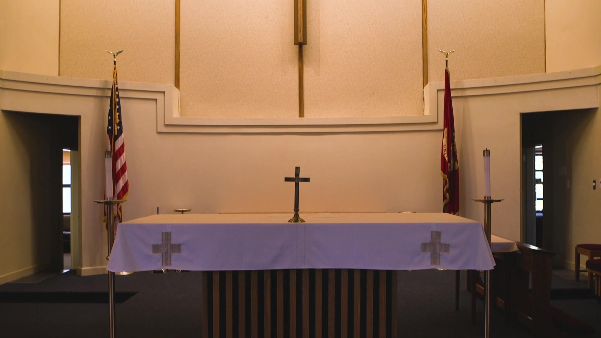 Interior shots the the Marine Memorial Chapel on Marine Corps Base Camp Pendleton, California, June 3, 2020.  Pendleton’s Marine Memorial Chapel and Blinder Memorial Chapel are holding the first worship services this weekend since closing in response to the coronavirus pandemic earlier this year.  Several precautions have been taken to help mitigate the spread of disease during worship services. (Marine Corps photo by Lance Cpl. Andrew Cortez) (Marine Corps video by Lance Cpl. Anthony Alvarez)