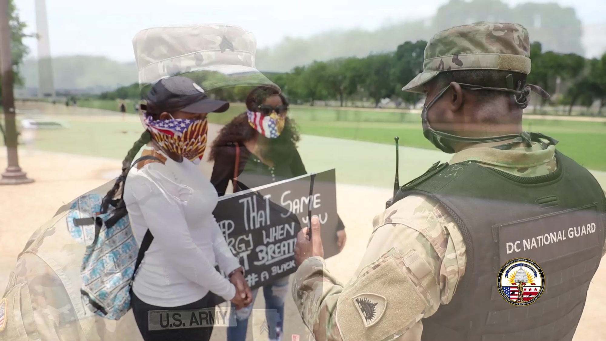 D.C. National Guardsmen interact with protesters along the National Mall in Washington, D.C. June 6, 2020. Guardsmen have responded to the call to assist civil authorities to ensure the protection of life and property while balancing the right to peacefully protest. The D.C. National Guard is always ready and proud to support our community.