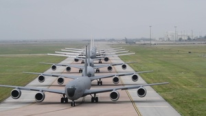 Four KC-46A Pegasus taxi, takeoff and land at Altus AFB, Oklahoma