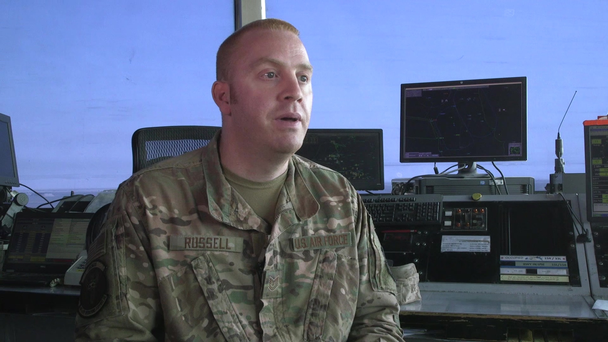 Tech. Sgt&#39;s Jesse McDonald and Todd Russell, 407th Expeditionary Operations Support Squadron Air Traffic Control, talk about their experiences while deployed throughout the Area of Operations in the control tower at Ahmed Al Jaber Air Base, Kuwait, April 17, 2020. in the past year. Both have moved from previously deployment locations to Al Jaber Air Base due to base closures and COVID-19 deployment stop movements. (U.S. Air Force video by Tech. Sgt. Alexandre Montes)