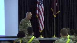 Maj. Gen. LeMaster speaks to soldiers during the MEDCoE Army National Hiring Days Soldier Forum