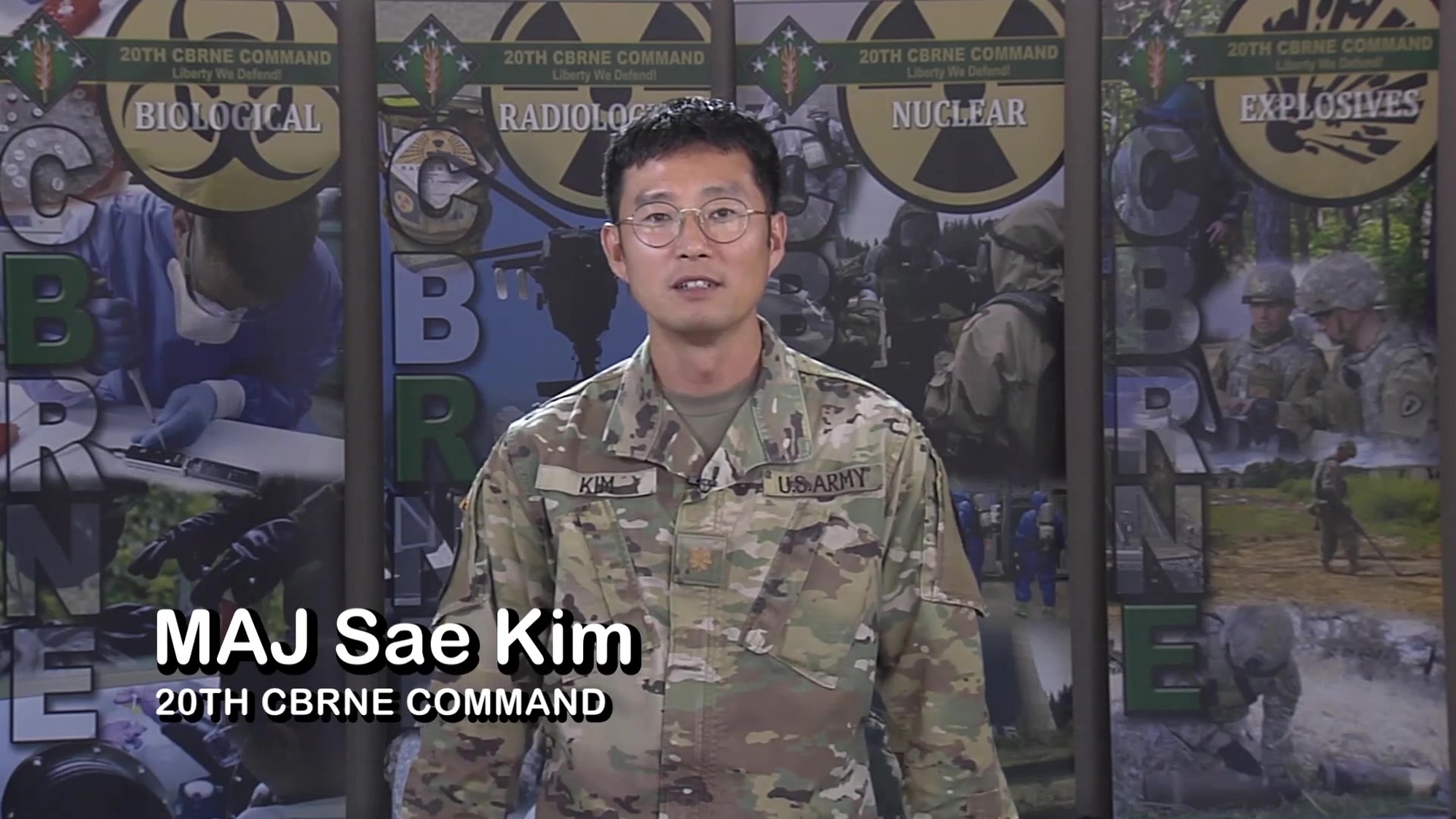 MAJ Sae Kim is a 74A Chemical soldier with the 20th CBRNE Command gives a branching brief to cadets who are branching chemical