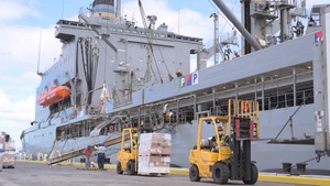 Time-Lapse of Forklifts moving pallets to be loaded onto a ship via a crane