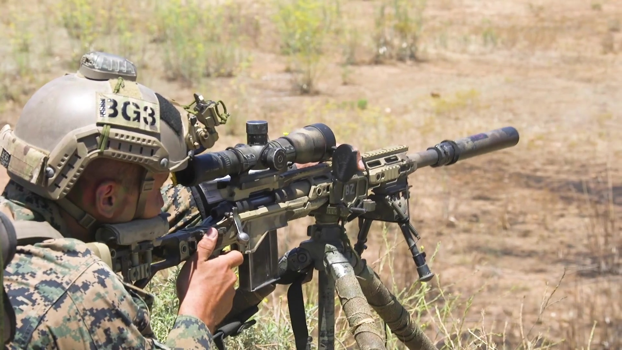 U.S. Marines with the Scout Snipers Course, Reconnaissance Training Company, Advanced Infantry Training Battalion, School of Infantry - West, fire M40A6 sniper rifles during a live-fire exercise on Range 223B on Marine Corps Base Camp Pendleton, California, July 23, 2020. The range was an unknown distance of fire range, designed to test the skills and strengthen the communication between the marksmen and their observers. (U.S. Marine Corps video by Lance Cpl. Anthony Alvarez