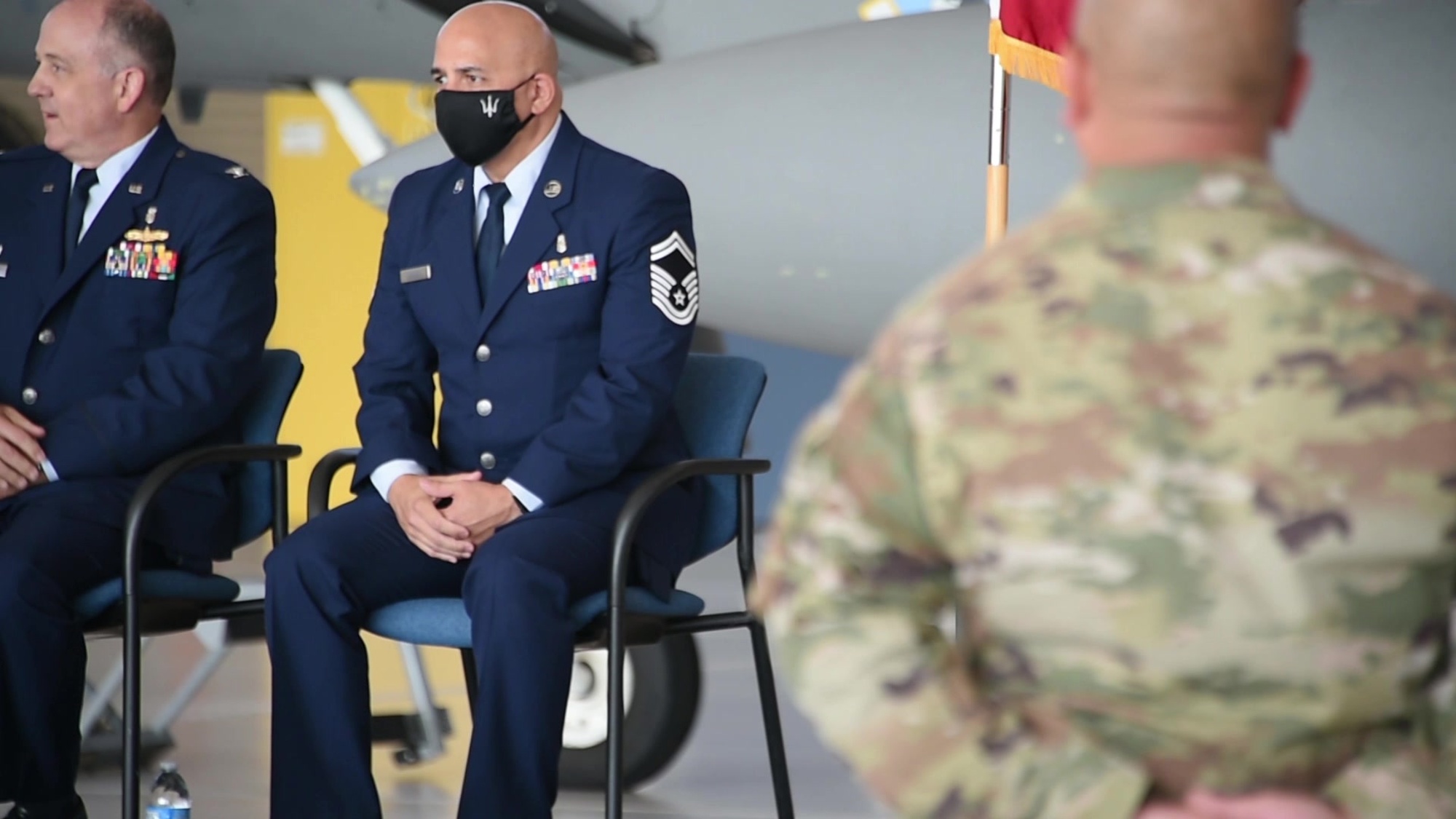B-roll of a Bronze Star presentation ceremony where Senior Master Sgt. Nathan Krebs is awarded the Bronze Star Medal.