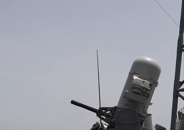 Close-in weapon system pre-aimed calibration fire aboard USS Princeton
