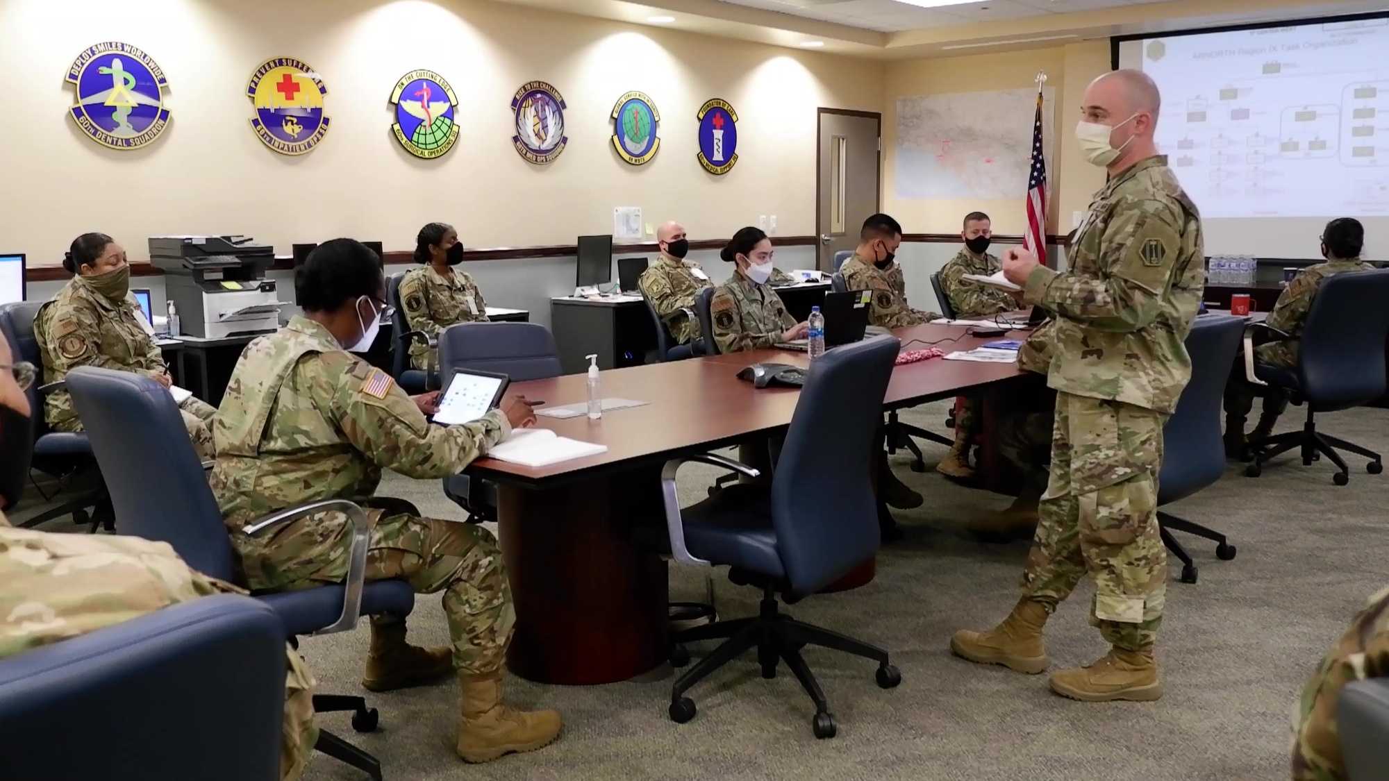 B-roll of Joint Operation Center, David Grant USAF Medical Center, Fairfield, California. The team at the JOC consists of members of Task Force Center-West, 1st Infantry Division, 60th Medical Group, and Army North. These Soldiers and Airmen work together as the command and control team during COVID-19 response efforts. U.S. Northern Command, through U.S. Army North, remains committed to providing flexible Department of Defense support to states in need as well as the Federal Emergency Management Agency in support of the whole-of-nation COVID-19 response. (U.S. Army National Guard video by Master Sgt. Helen Miller)