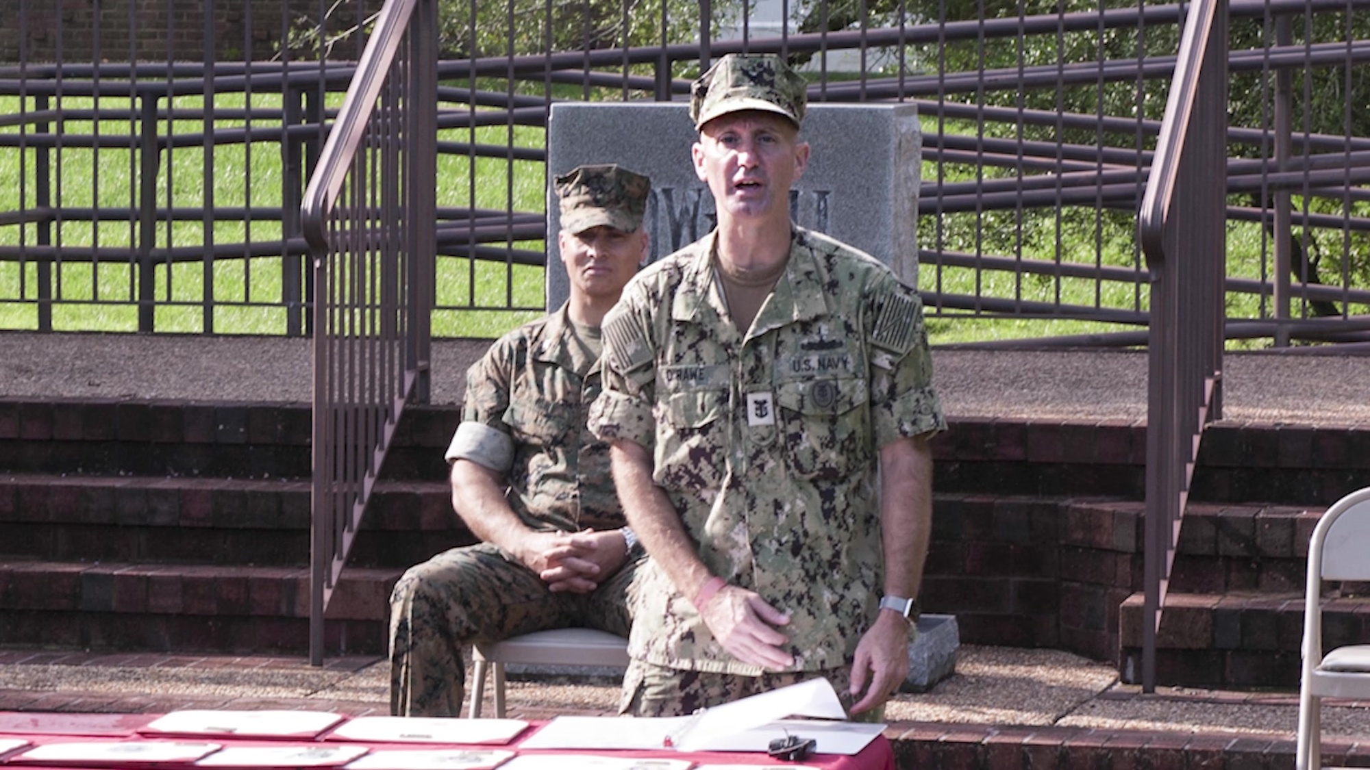 U.S. Marines and Sailors with Headquarters and Service Battalion, U.S. Marine Corps Forces Command, Fleet Marine Force Atlantic, participate in a Naval Integration Personnel Qualification Standard (PQS) Ceremony at Naval Support Activity-Hampton Roads, Norfolk, Virginia August 18, 2020. In support of the Commandant’s Planning Guidance toward enhancing naval integration, PQS training equips Marines with the ability to integrate into naval forces and provide critical capabilities both afloat and ashore.  (U.S. Marine Corps video by Cpl. Danielle Abshire/Released)