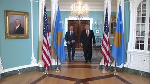 Secretary Pompeo Camera Spray with Kosovo Prime Minister Hoti