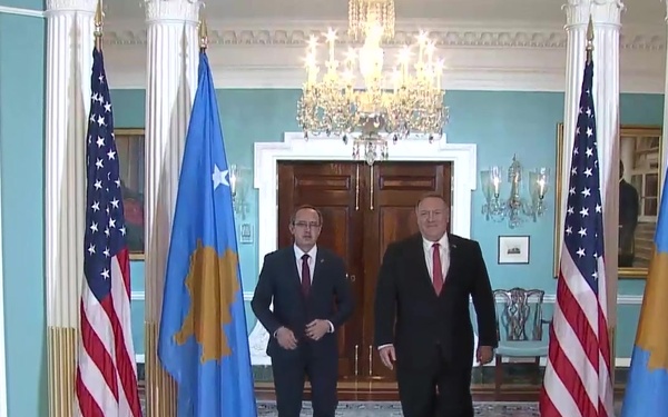 Secretary Pompeo Camera Spray with Kosovo Prime Minister Hoti