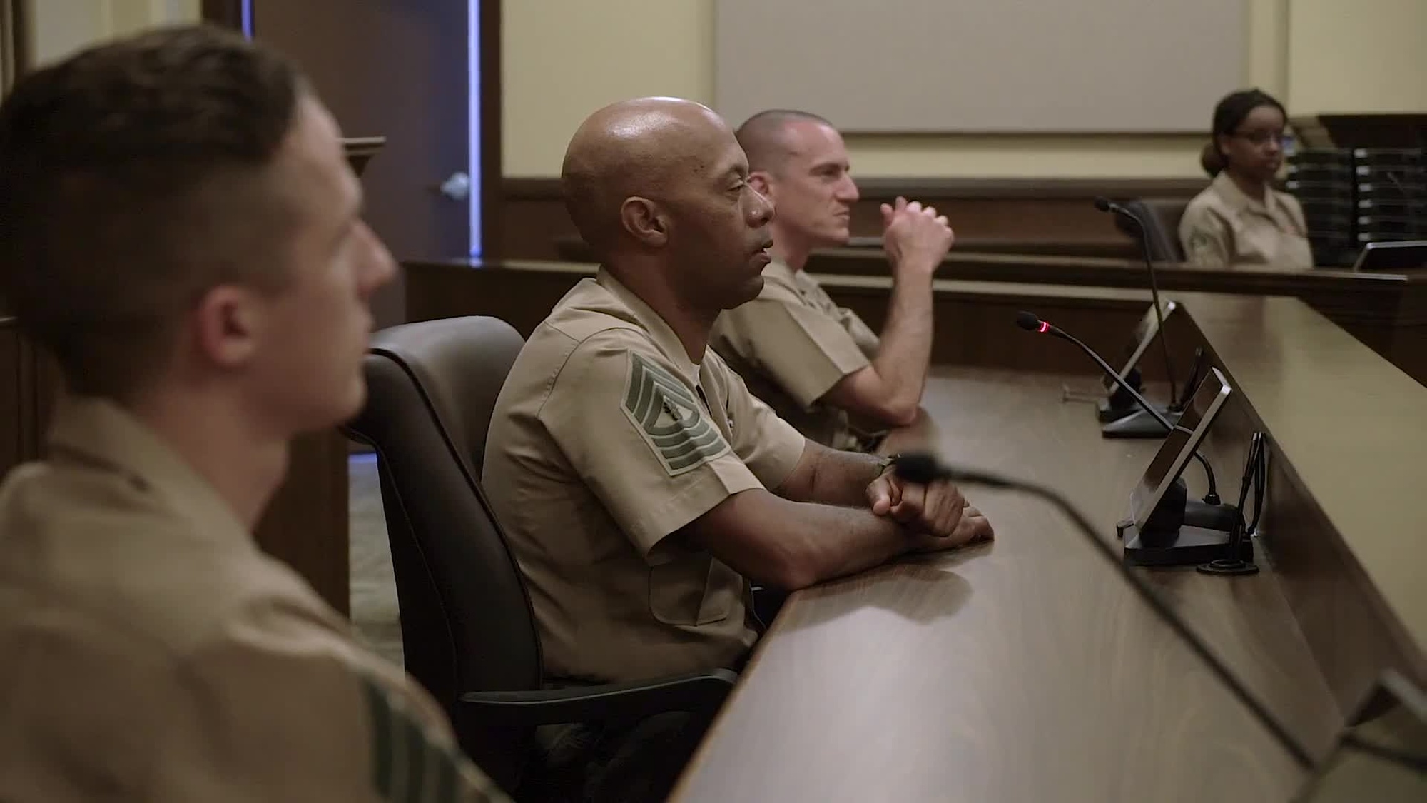 U.S. Marine Corps Capt. Matthew Kiefer and Capt. Giovanni Avelar discuss the opportunities available as a Marine Corps officer and Judge Advocate during an interview at the Marine Corps Recruit Depot San Diego courtroom on August 14, 2020. To practice law as a Marine Corps officer, you must graduate from law school, complete Officer Candidates School and follow-on training at The Basic School in Quantico, VA. It&#39;s a distinction reserved for the few who have what it takes mentally, morally and physically. (U.S. Marine Corps Video by Sgt. Autmn Laning)