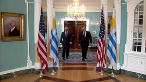 Secretary Pompeo Camera Spray with Uruguayan Foreign Minister Bustillo