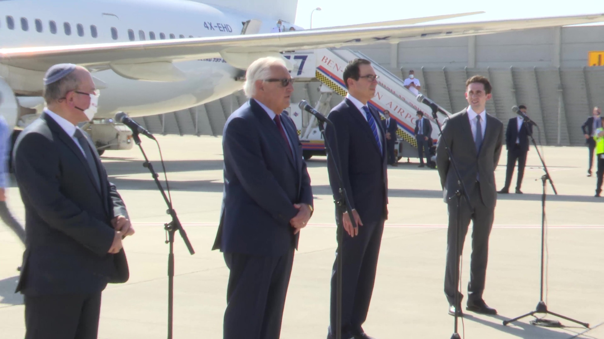 U.S. Secretary of Treasury, Steven T. Mnuchin, SRIN Avi Berkowitz and Israel`s National Security Advisor Meir Ben Shabat attend a ceremony before the first commercial flight #LY973 from Tel Aviv, Israel, to Manama, Bahrain, on October 18, 2020.